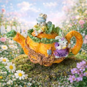 Whimsical 4"L x 2.5'H Bunny/Carrot Teapot w/Interchangeable Teapot Lid Figurine